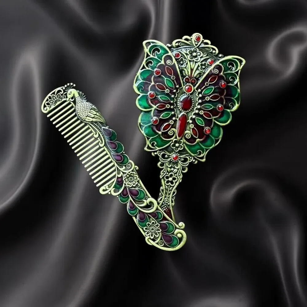 Vintage Peacock Comb & Butterfly Mirror Vanity Set | Deep Gold Green Purple